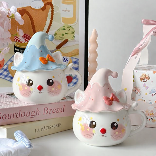 Cute Cat Ceramic Mug with Lid – 450ml Kawaii Coffee Cup | MeetU Home