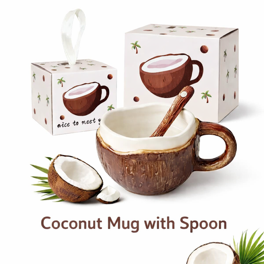Coconut Ceramic Mug with Spoon – 220ml Cute Coffee Cup | MeetU Home