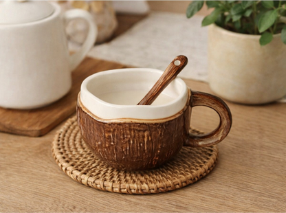 Coconut Ceramic Mug with Spoon – 220ml Cute Coffee Cup | MeetU Home