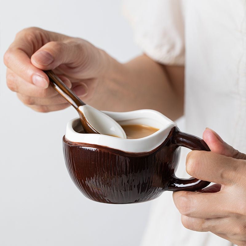 Coconut Ceramic Mug with Spoon – 220ml Cute Coffee Cup | MeetU Home