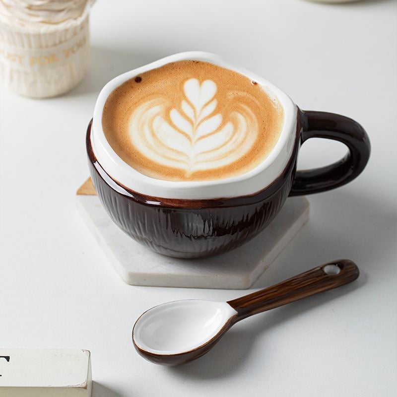 Coconut Ceramic Mug with Spoon – 220ml Cute Coffee Cup | MeetU Home