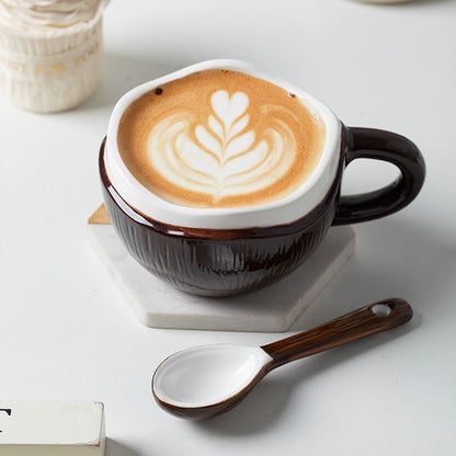 Coconut Ceramic Mug with Spoon – 220ml Cute Coffee Cup | MeetU Home