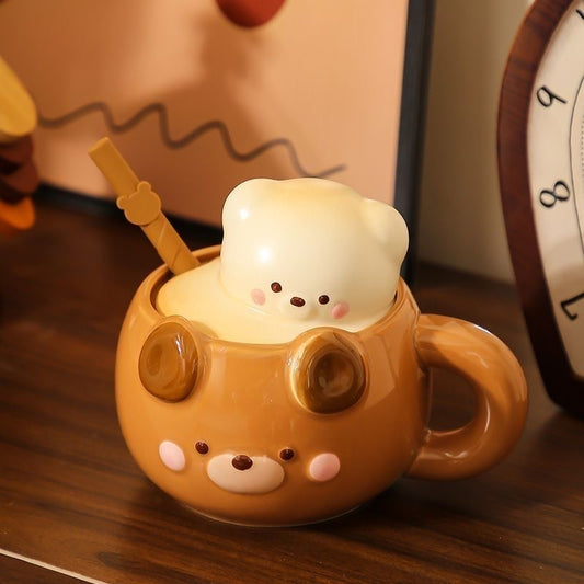 Cute Bear Ceramic Mug with Lid & Straw – 400ml Kawaii Coffee Cup | MeetU Home