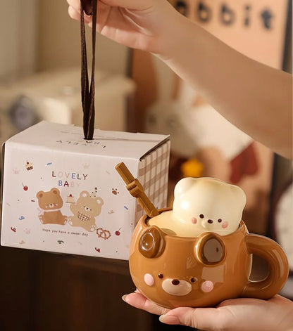 Cute Bear Ceramic Mug with Lid & Straw – 400ml Kawaii Coffee Cup | MeetU Home