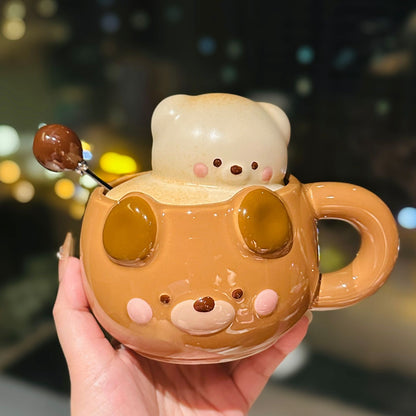 Cute Bear Ceramic Mug with Lid & Straw – 400ml Kawaii Coffee Cup | MeetU Home