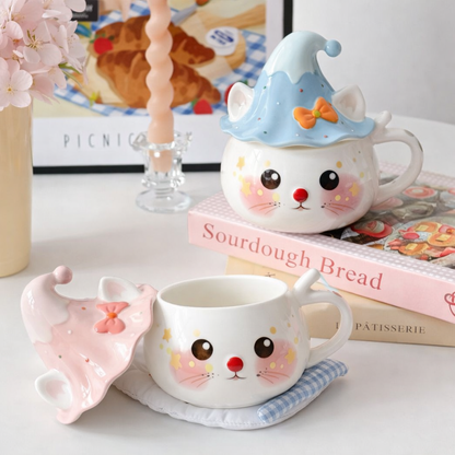 Cute Cat Ceramic Mug with Lid – 450ml Kawaii Coffee Cup | MeetU Home
