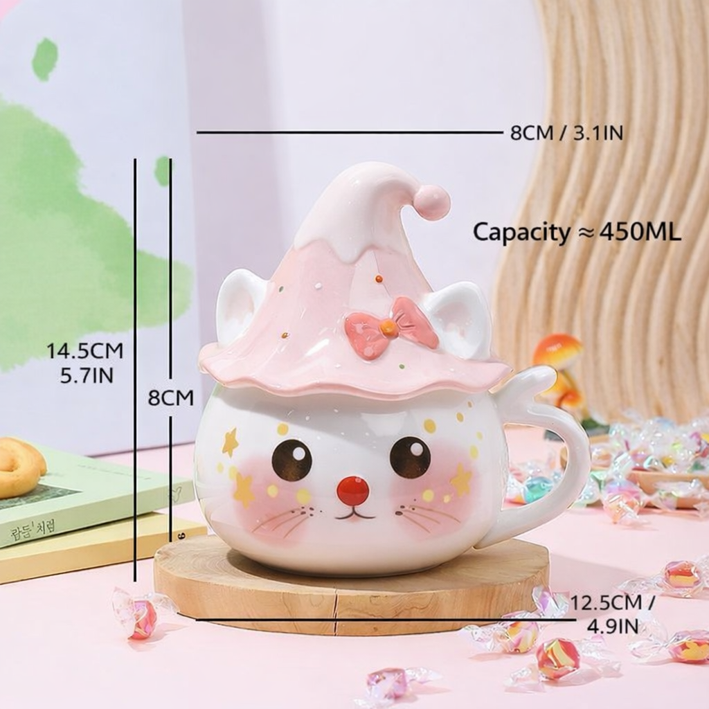 Cute Cat Ceramic Mug with Lid – 450ml Kawaii Coffee Cup | MeetU Home