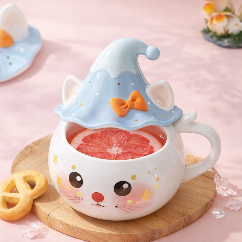 Cute Cat Ceramic Mug with Lid – 450ml Kawaii Coffee Cup | MeetU Home