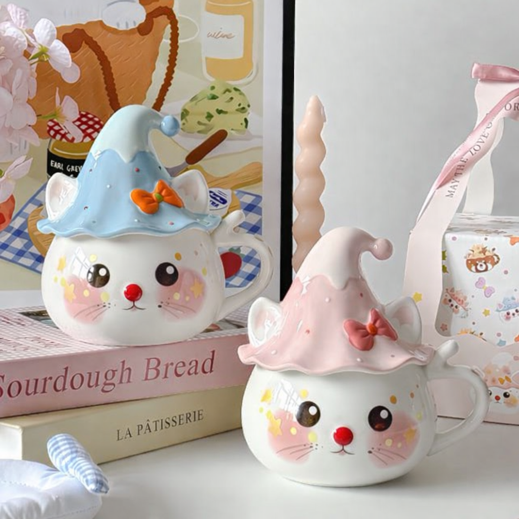 Cute Cat Ceramic Mug with Lid – 450ml Kawaii Coffee Cup | MeetU Home