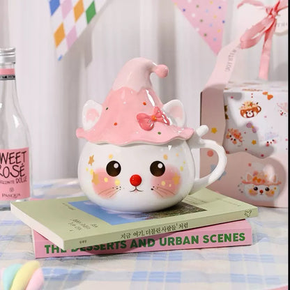 Cute Cat Ceramic Mug with Lid – 450ml Kawaii Coffee Cup | MeetU Home