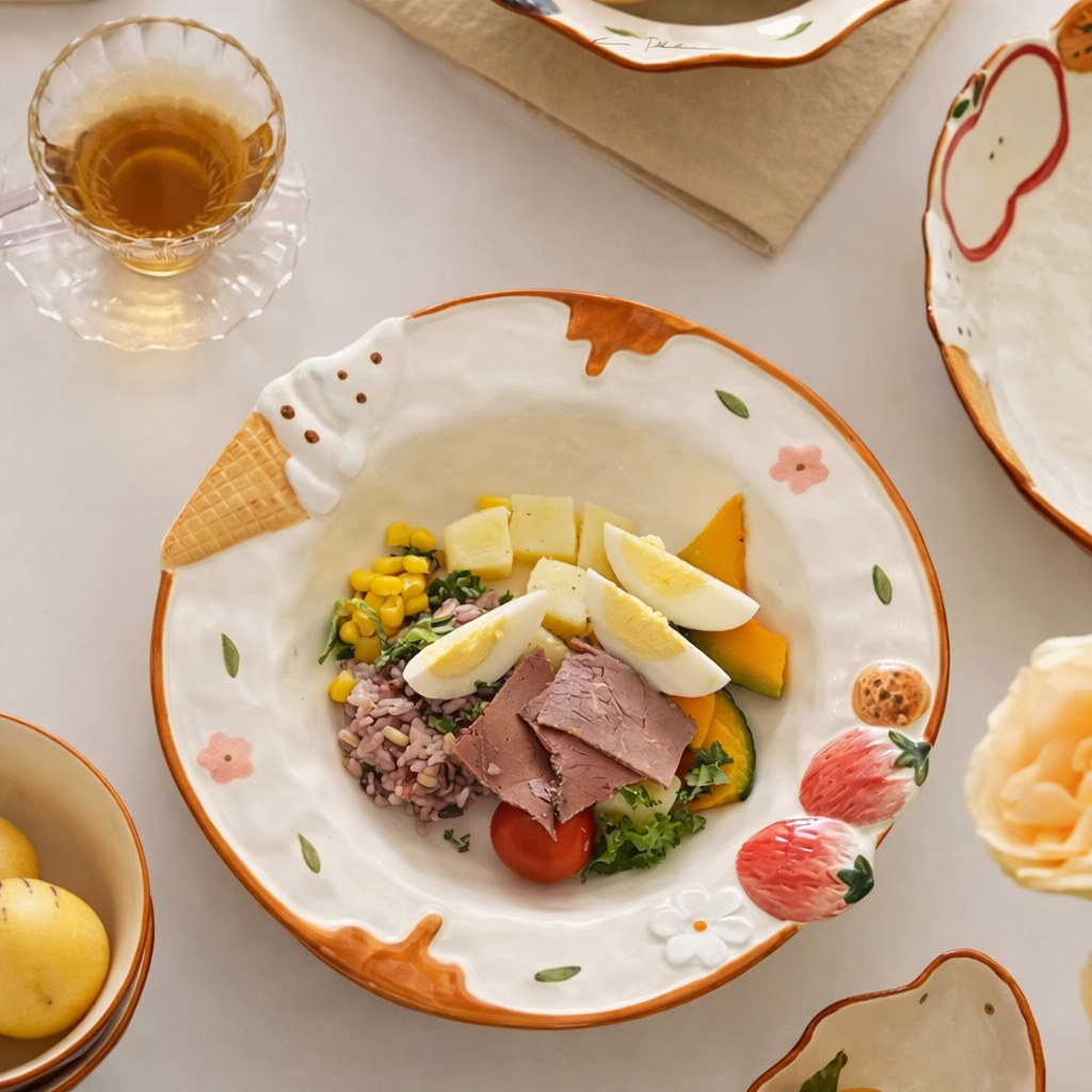Ceramic plate with food and a cup of tea on a light surface