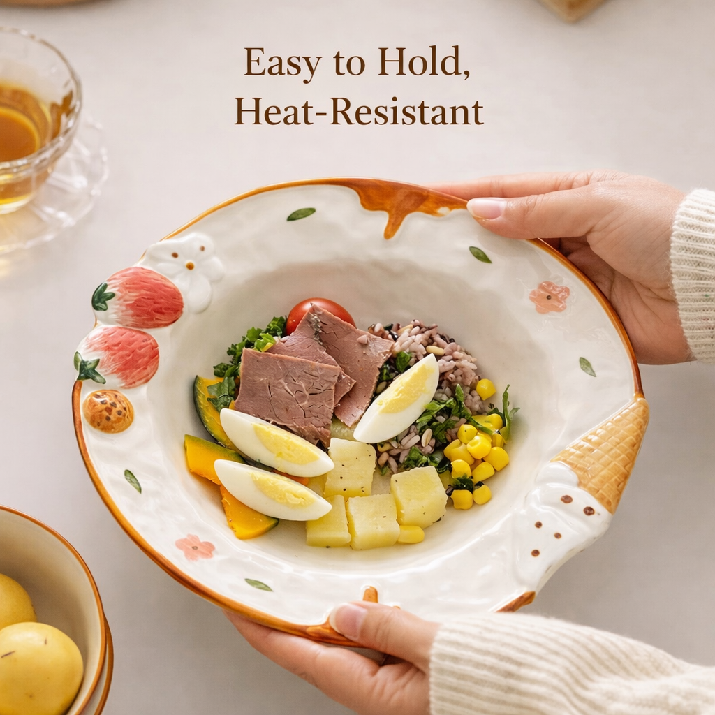 Person holding a heat-resistant ceramic bowl with food, text 'Easy to Hold, Heat-Resistant' above.
