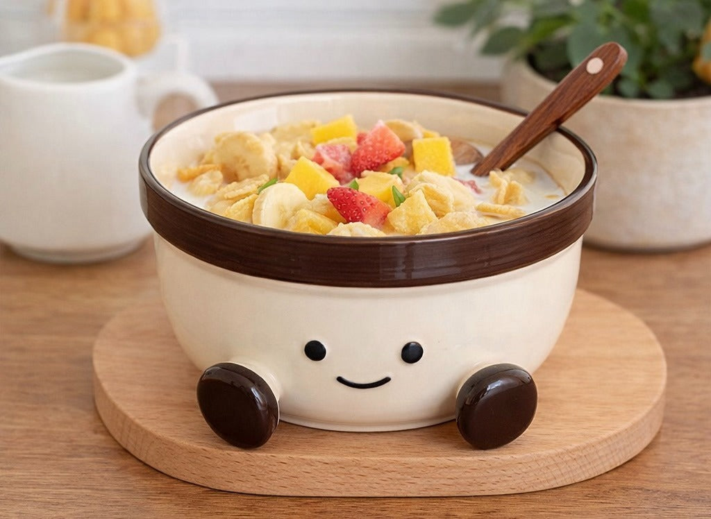 Cute ceramic soup bowl with lid and smiley face design for noodles and rice in Canada