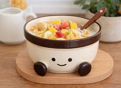 Cute ceramic soup bowl with lid and smiley face design for noodles and rice in Canada