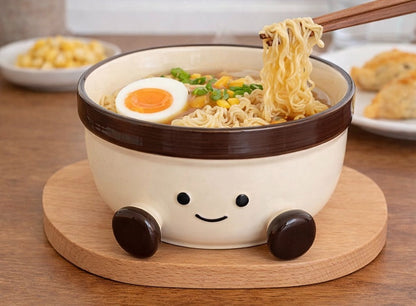 Cute ceramic soup bowl with lid and smiley face design for noodles and rice in Canada
