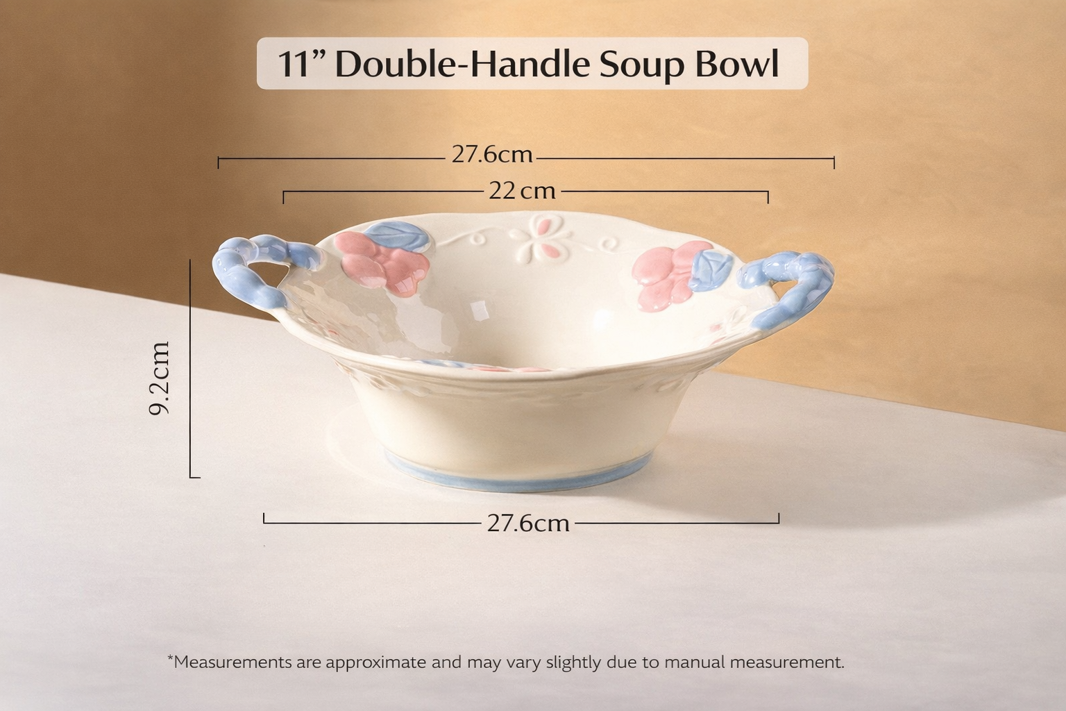 11-inch double-handle soup bowl with floral designs and measurements on a beige background