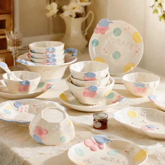 Set of ceramic dishes with colorful polka dot patterns on a table in canada