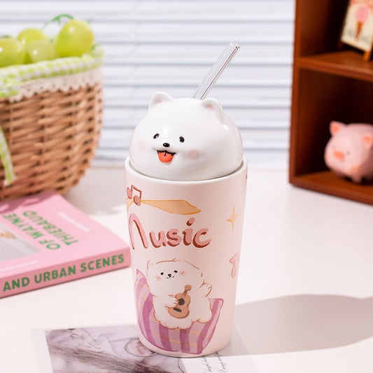 Kawaii Samoyed Music Ceramic Tumbler with 3D Lid & Glass Straw | MeetU Home