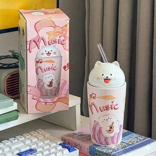 Kawaii Samoyed Music Ceramic Tumbler with 3D Lid & Glass Straw | MeetU Home