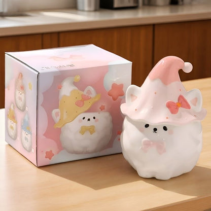 Cute plush Samoyed with a pink hat and bow next to its packaging in a kitchen setting