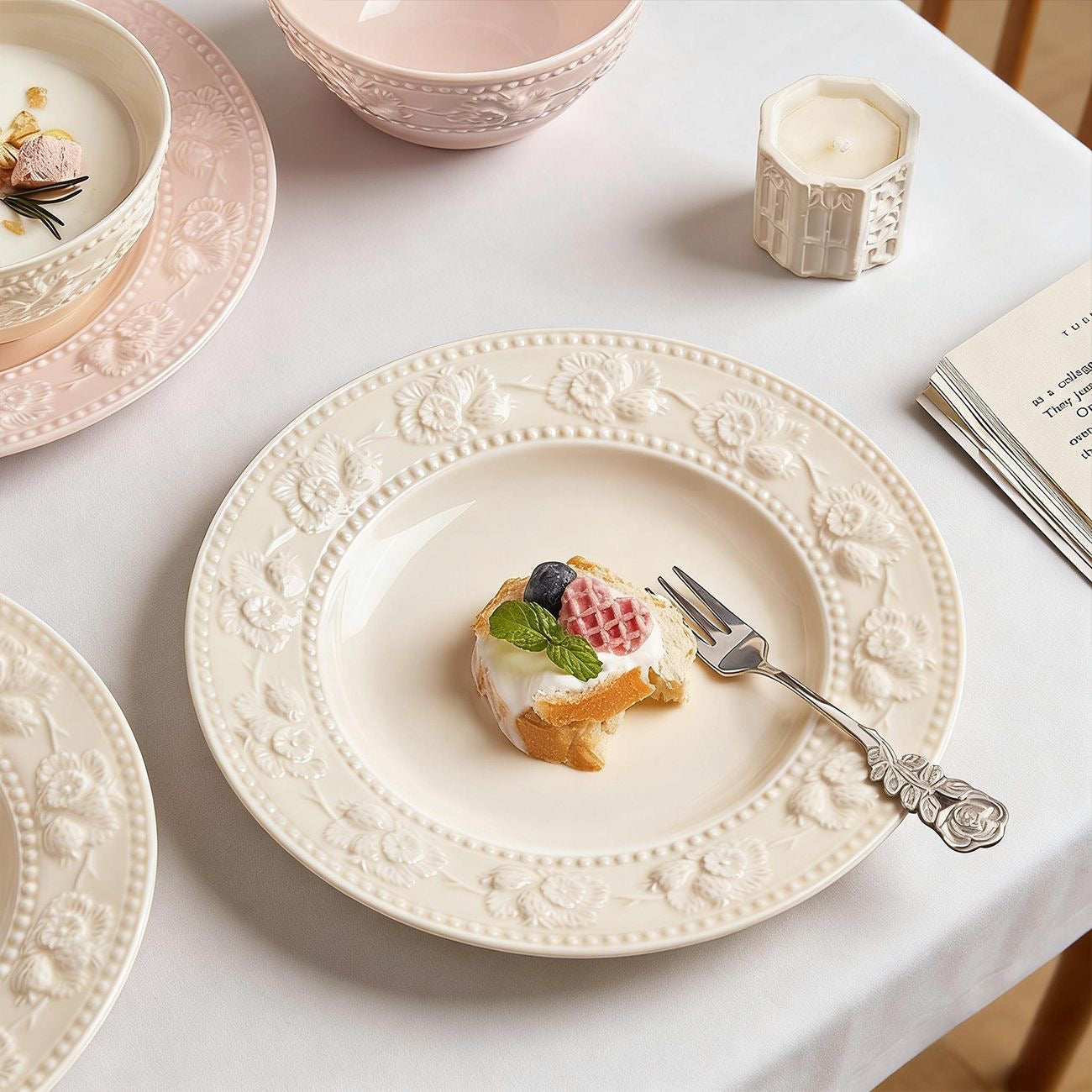 8-inch ceramic plates with embossed floral borders